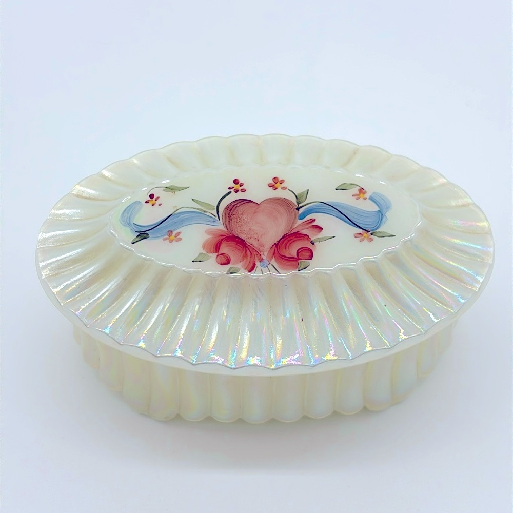 Vintage Iridescent Glass Fenton Oval Box with Heart and Floral Design